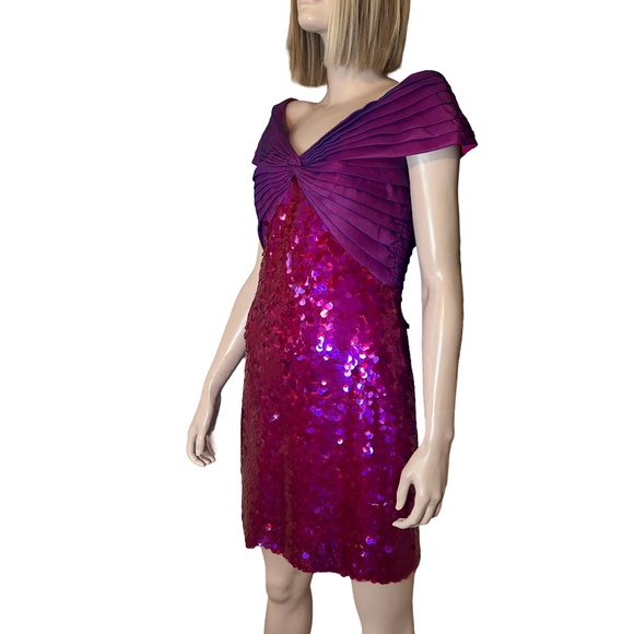 SHO by Tadashi Shoji Cocktail Dress Hot Pink Sequins Off Shoulder Sheath Party - Picture 10 of 16